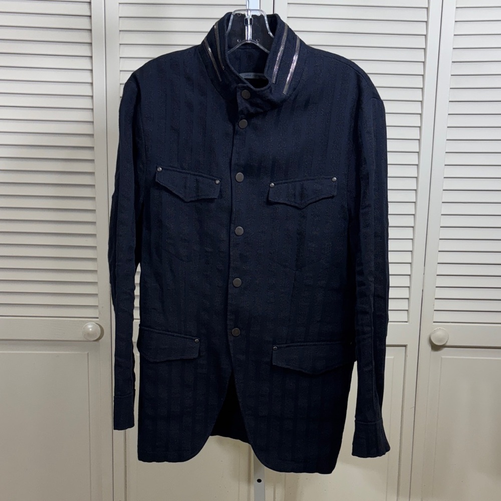 John Varvatos Dark Navy Military Field Jacket with Stripe Collar Detail